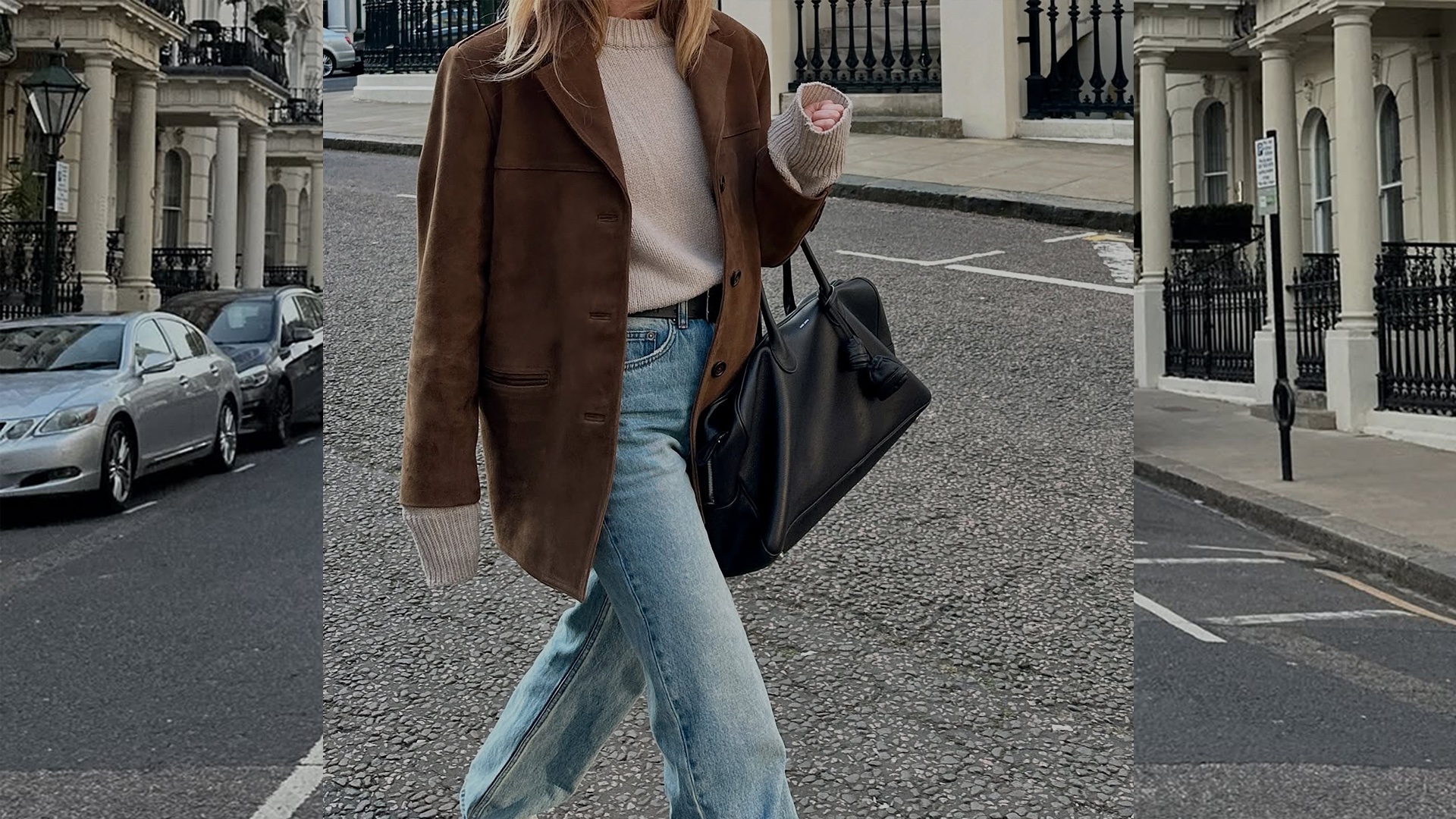Danish style influencer Jeannette Madsen walking in London wearing a fall outfit with a brown suede jacket, a neutral crewneck sweater, black leather bag, and straight-leg jeans