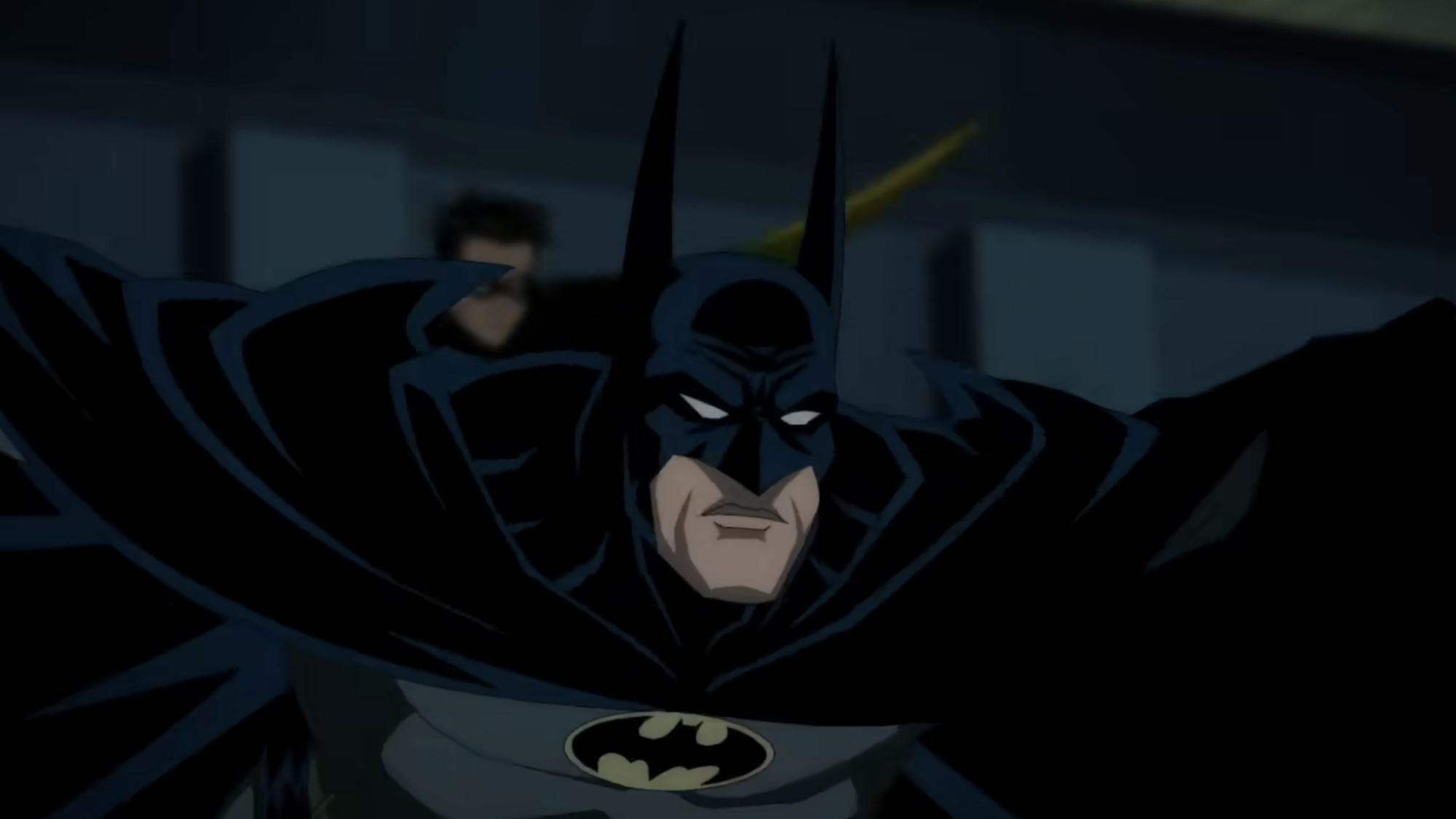 Batman flies across the sky in Batman: Knightfall.