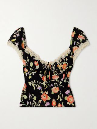 Rosella Lace-Trimmed Floral-Print Crepe Top
