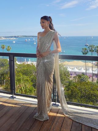 Pritika Swarup poses at Cannes Film Festival wearing Zuhair Murad sari dress