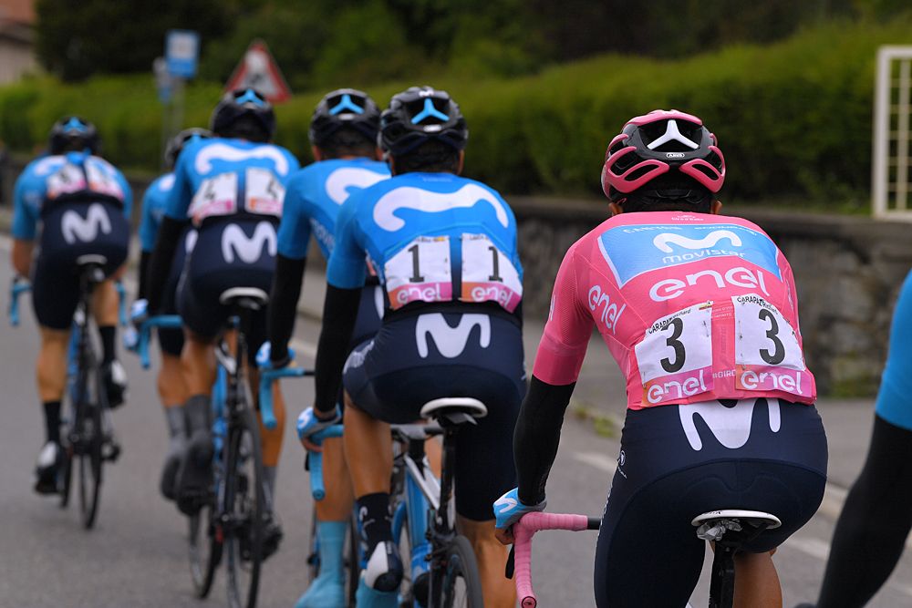 Richard Carapaz (Movistar) in the overall leader's jersey during stage 16 at the Giro d'Italia