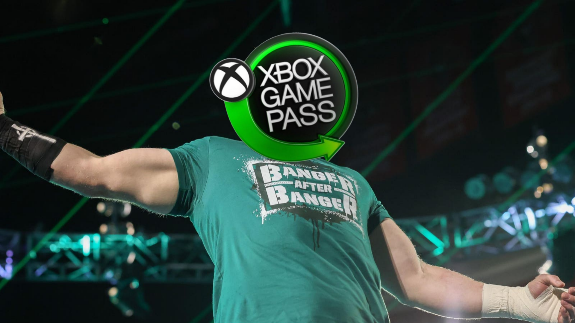 The wrestler Sheamus in a 'Banger after Banger' t-shirt, his head is replaced by the Xbox Game Pass logo