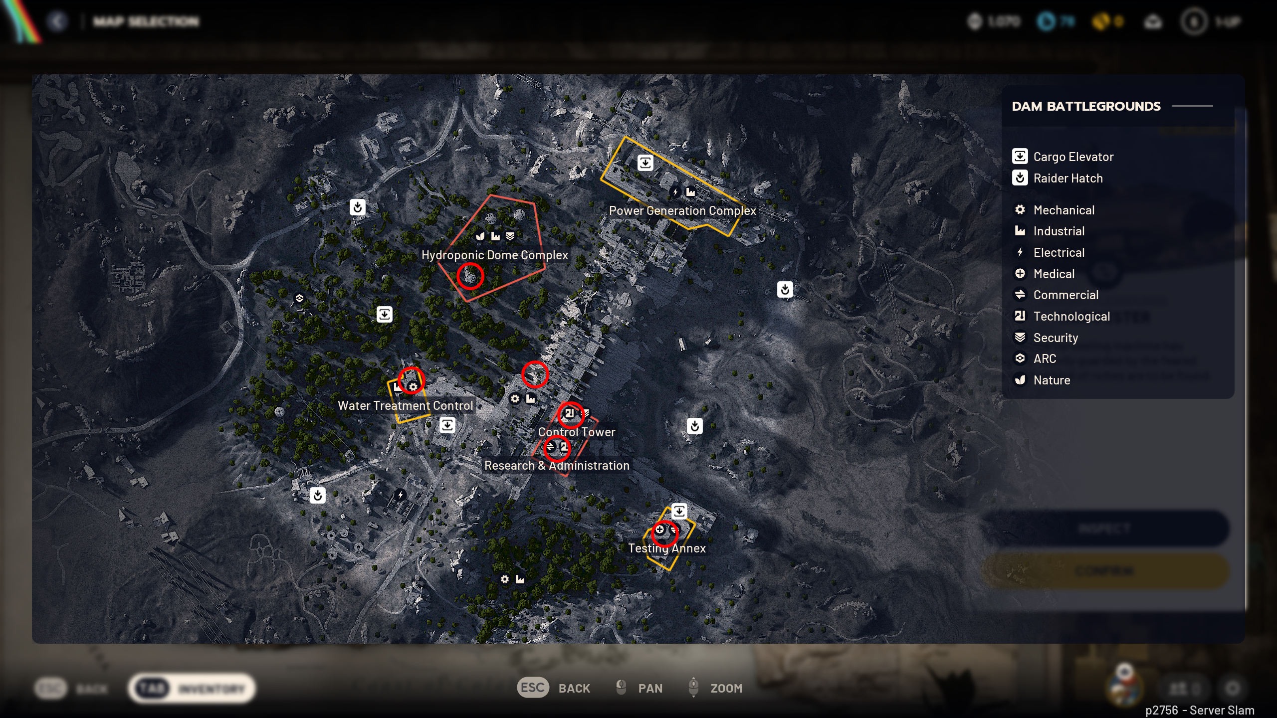 Arc Raiders Fireballs: An annotated map with red circles to highlight the location of Fireballs on the Dam Battlegrounds map.