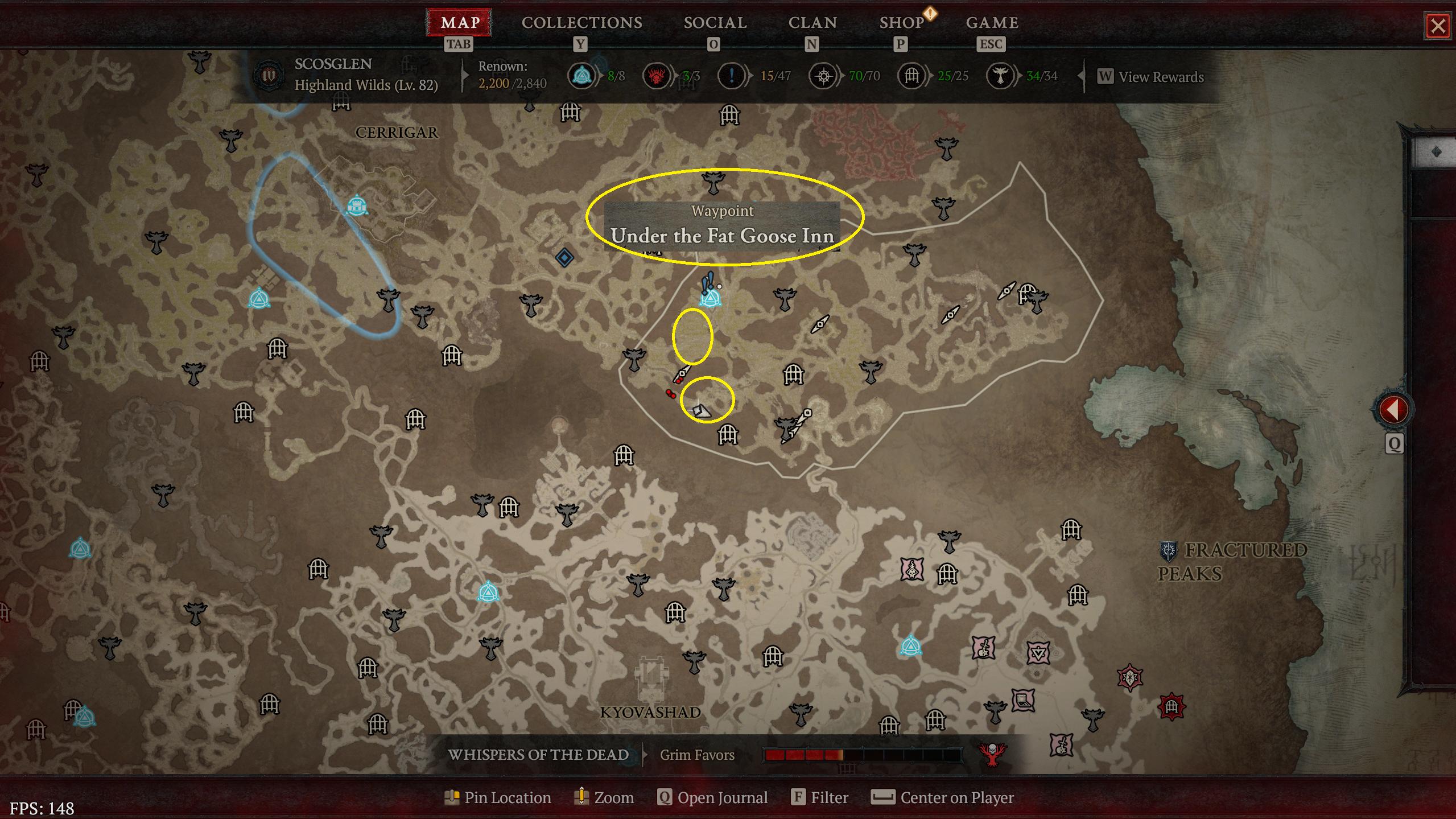 Карта, показывающая местонахождение Рейвен в Diablo 4