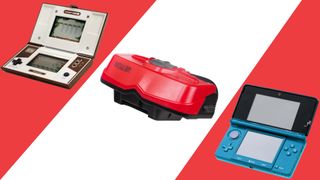 Image shows interesting Nintendo handheld or tabletop console with interesting display elements, like the dual screened Game and Watch (left), the 3D Virtual Boy visor (center), and the glasses-free 3D and AR capable Nintendo 3DS (right).