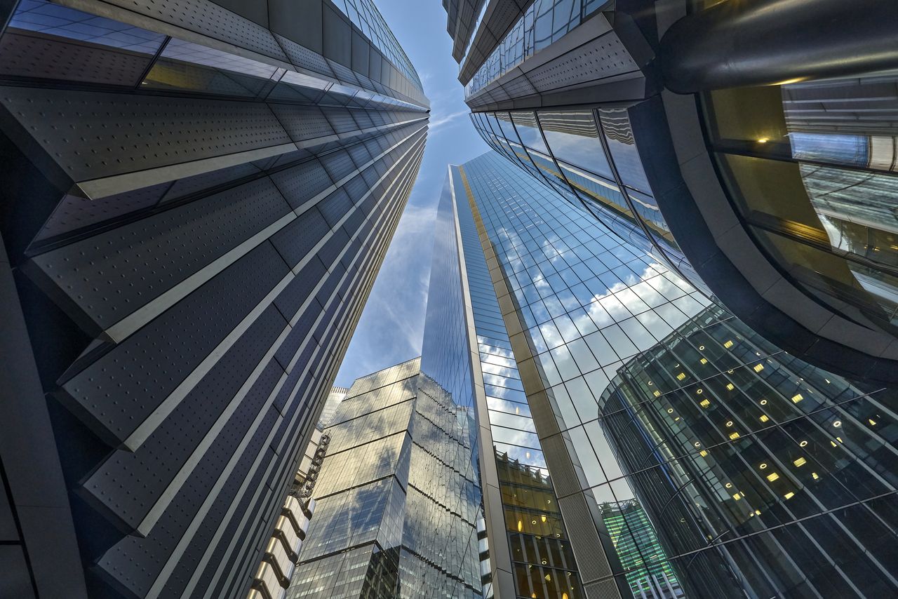 Low angle view looking directly up from Lime Street to Lloyds of London Building