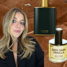 girl on a brown background with two fragrance bottles