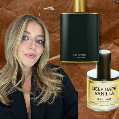 girl on a brown background with two fragrance bottles