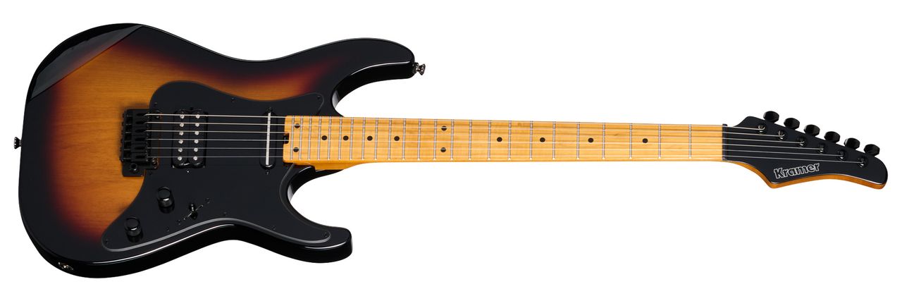 The Kramer Volante is offered with the choice of a AAAA quilted maple veneer or plain top, but features a newly engineered neck joint, Gibson USA-designed pickups, an elliptical C profile neck and Floyd Rose vibrato as standard.