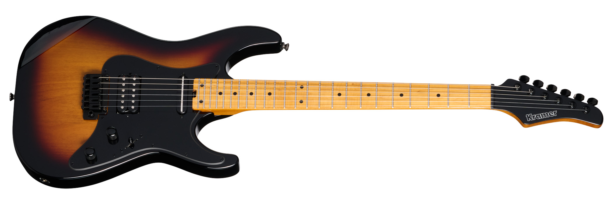 The Kramer Volante is offered with the choice of a AAAA quilted maple veneer or plain top, but features a newly engineered neck joint, Gibson USA-designed pickups, an elliptical C profile neck and Floyd Rose vibrato as standard.