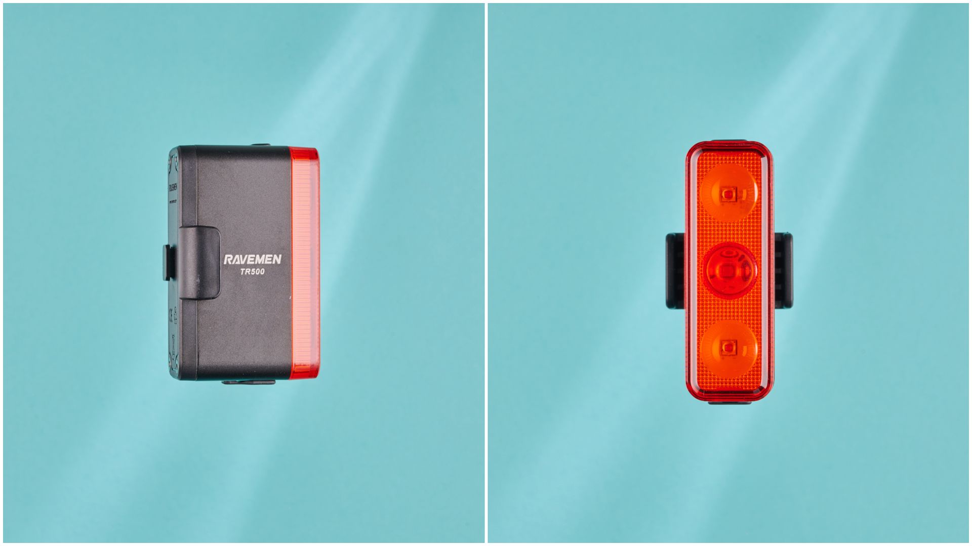 Side and front view of the Ravemen TR500 rear bike light on a blue background