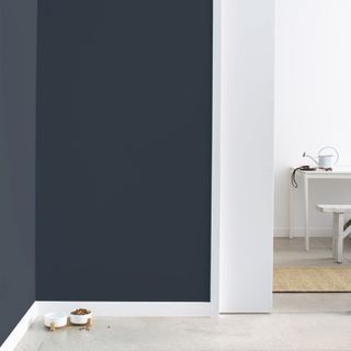 A corner of a mud room painted in Benjamin Moore Polo blue