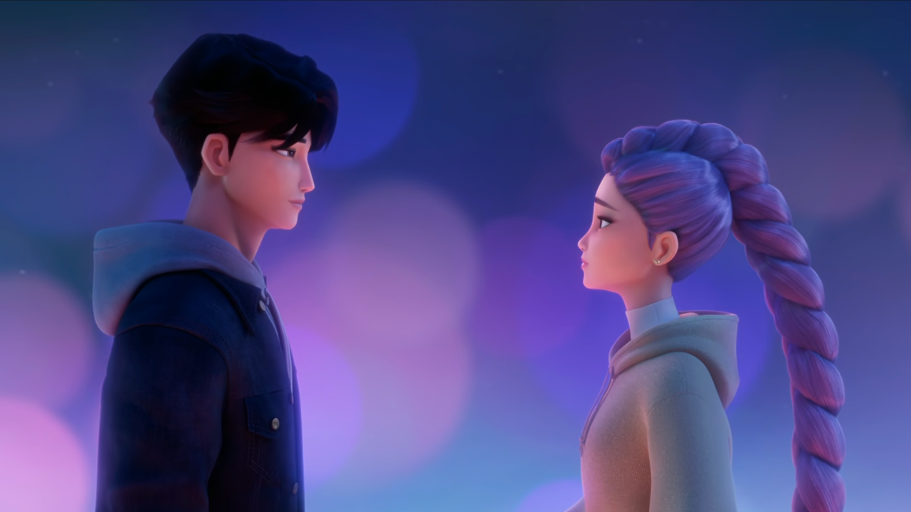 Jinu and Rumi look into each others eyes while surrounded by a purple-bluish haze in KPop Demon Hunters.