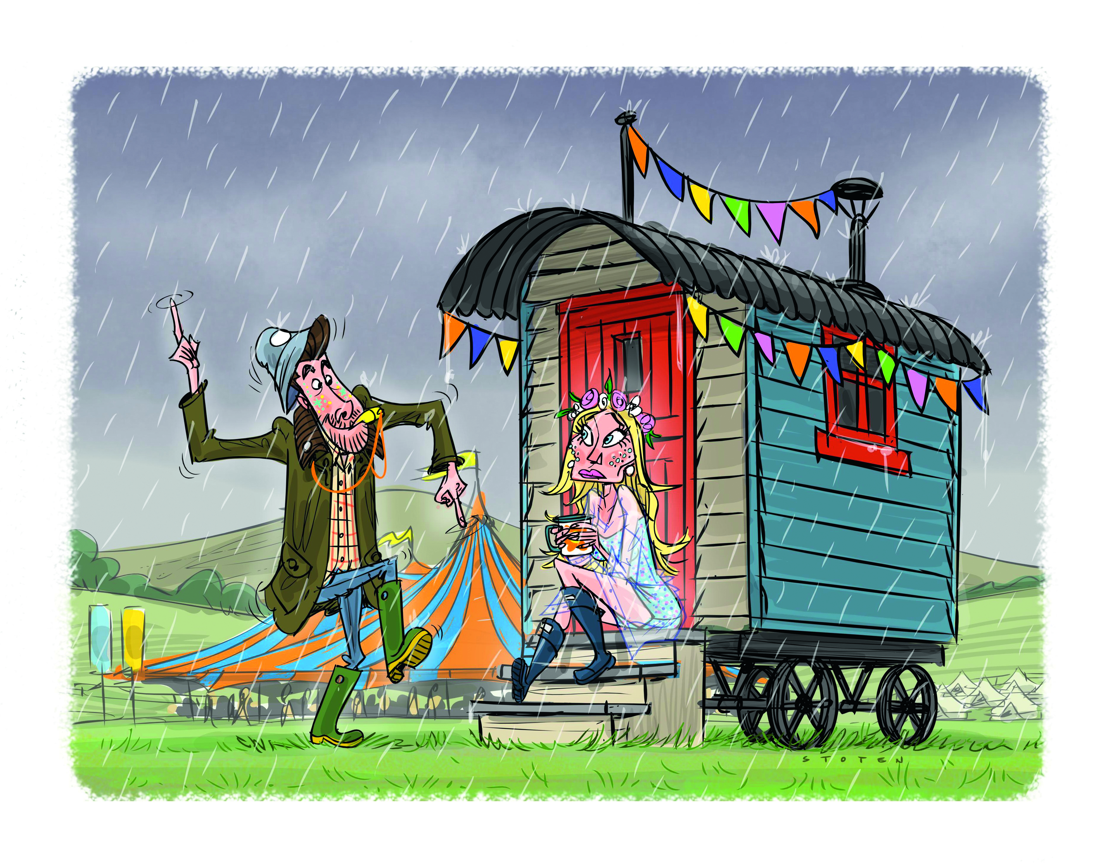 Illustration of a couple outside a shpeherd's hut at a festival in the rain