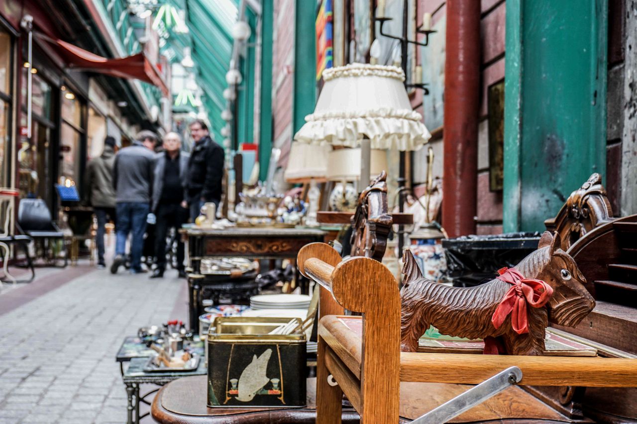 An avenue in an antique fair viewed from the ground