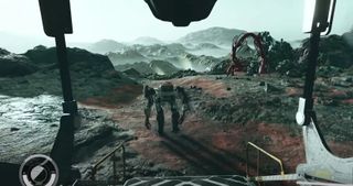 Starfield gameplay of robot Vasco on an alien planet.