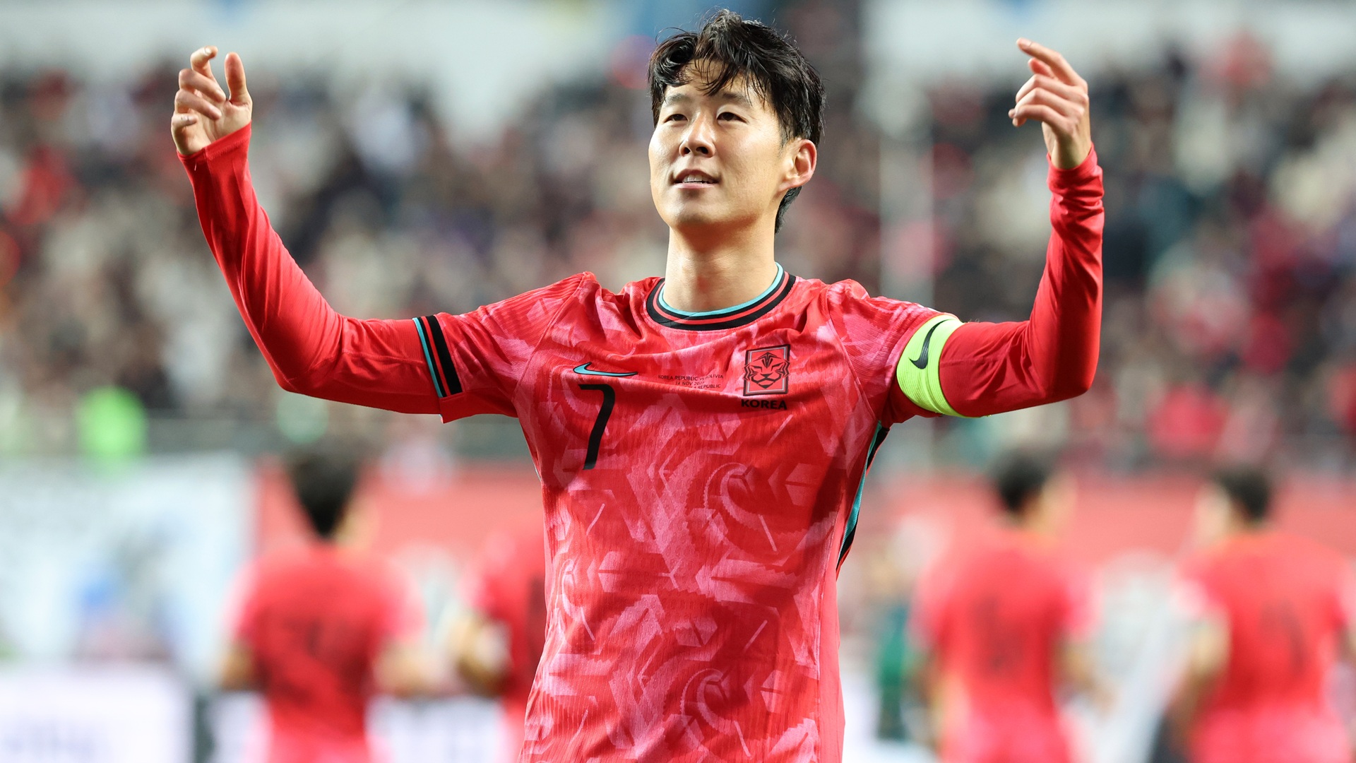 DAEJEON, SOUTH KOREA - NOVEMBER 14: Son Heung Min of South Korea celebrates after scoring the team's first goal during the international friendly match between South Korea and Bolivia at Daejeon World Cup Stadium on November 14, 2025 in Daejeon, South Korea. (Photo by Chung Sung-Jun/Getty Images)