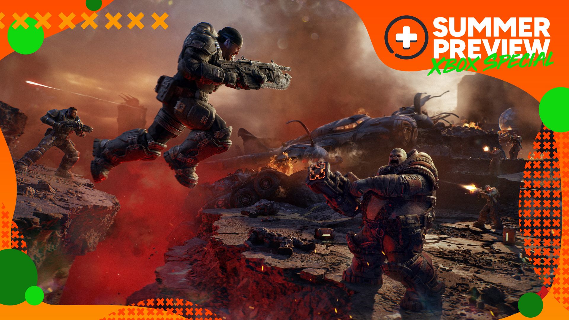 Gears of War: E-Day screenshot showing Marcus leaping towards a Locust, with GamesRadar+ Summer Preview branding in the top corner