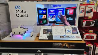 A Walmart display of the Meta Quest 3s sitting in a clear cabinet.