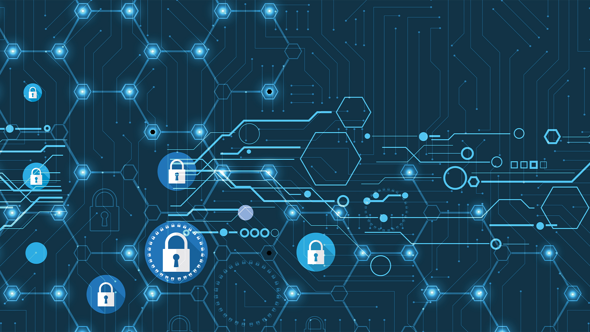 A blue grid with cybersecurity-related icons