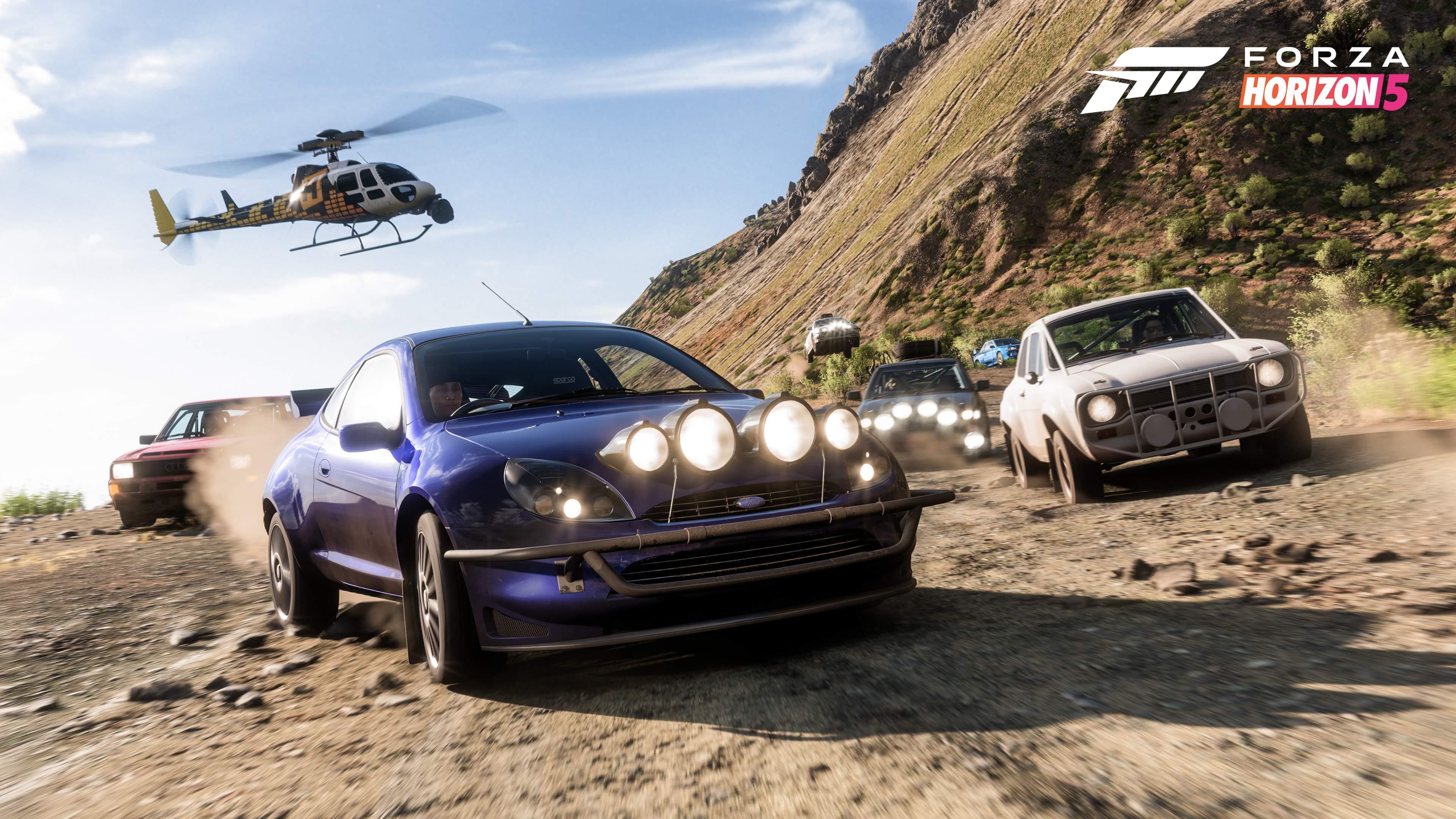 Forza Horizon 5 xbox wireframe image rally cars driving with helicopter