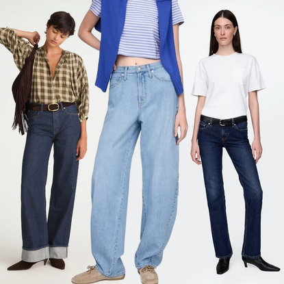 photo collage of models wearing gap and madewell jeans on gradient background