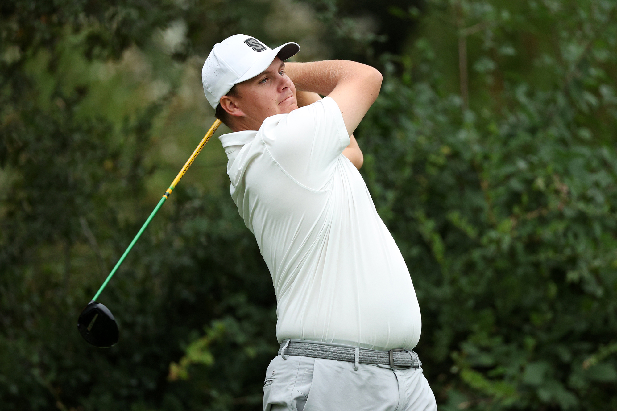 Sami Valimaki in the finish position with driver after hitting a tee shot