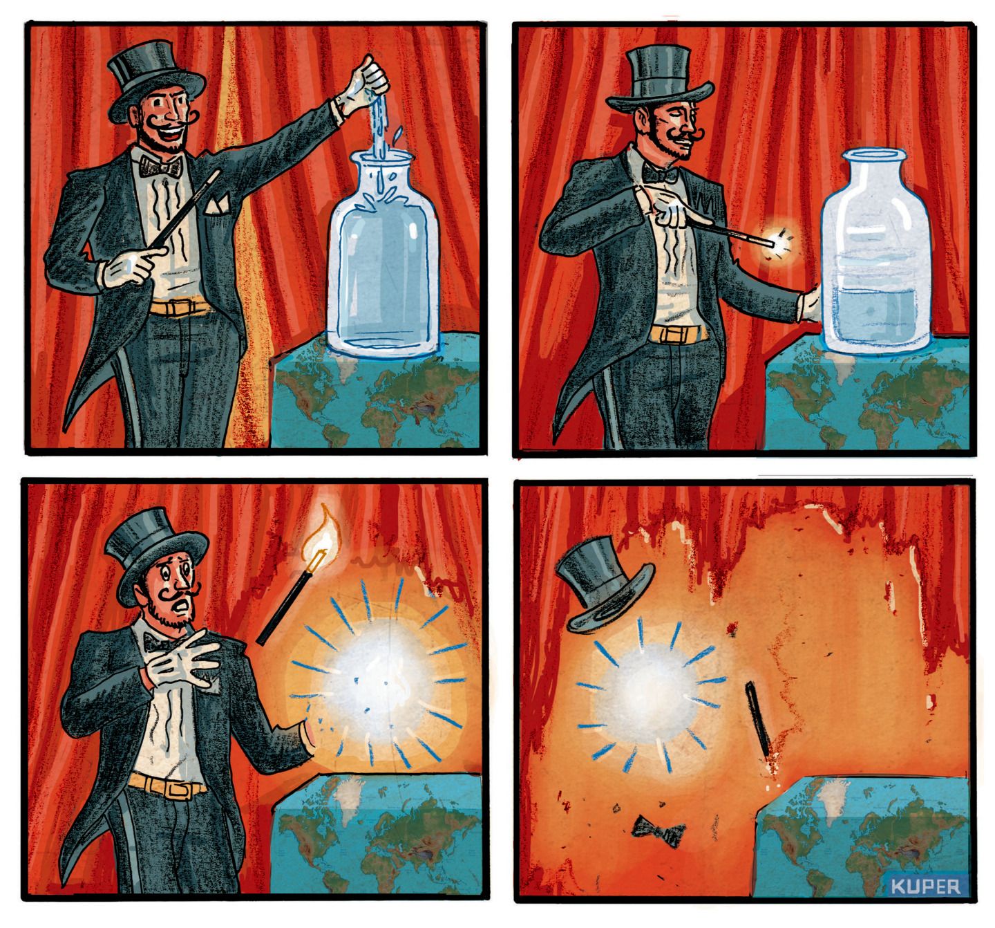 
                                This four-panel cartoon is wordless and depicts a male magician in top hat tuxedo and with a wand doing a trick. A glass bottle sits on a table that looks like a map of Earth. The magician’s trick is to fill the bottle with water from his hand, but his wand catches fire in the third frame as the water and bottle heats up. The magician and bottle disappear in the final frame.
                            