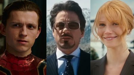 Tom Holland, Robert Downey Jr., and Gwyneth Paltrow in separate Marvel shots