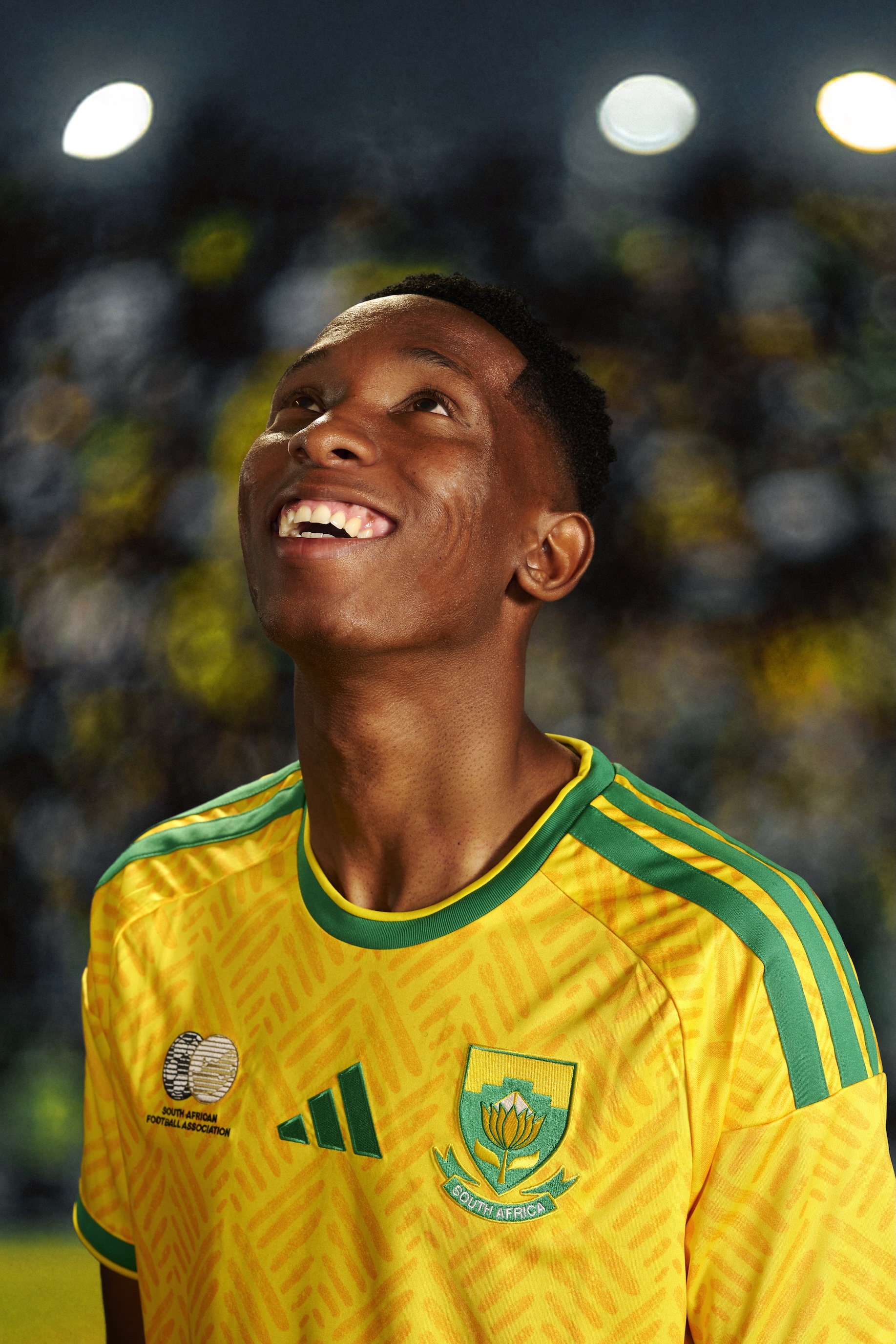 Thalente Mbatha dons the new South Africa home kit for the 2026 World Cup