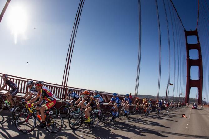 The peloton stays strung out along the Golden Gate Bridge.