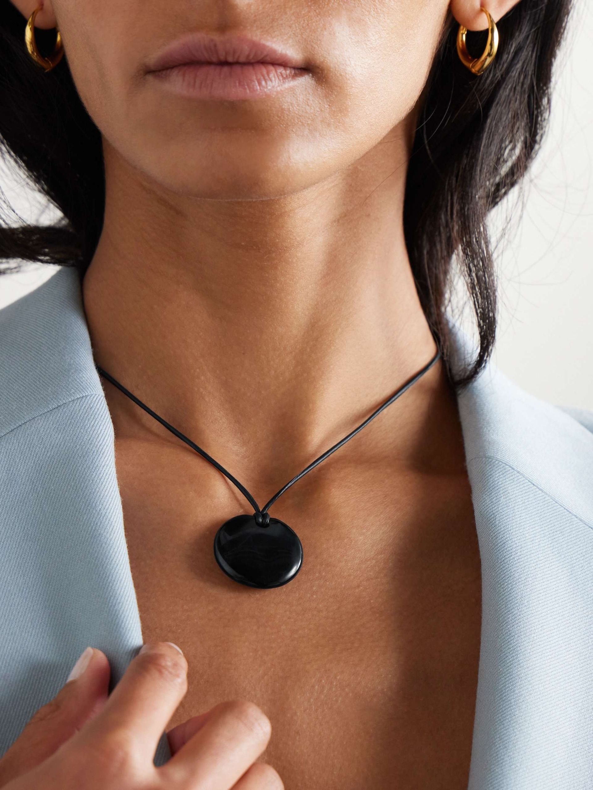 Small Full Moon Silver, Cord and Onyx Necklace