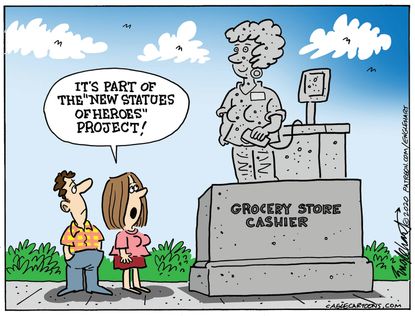 Editorial Cartoon U.S. statue essential workers coronavirus