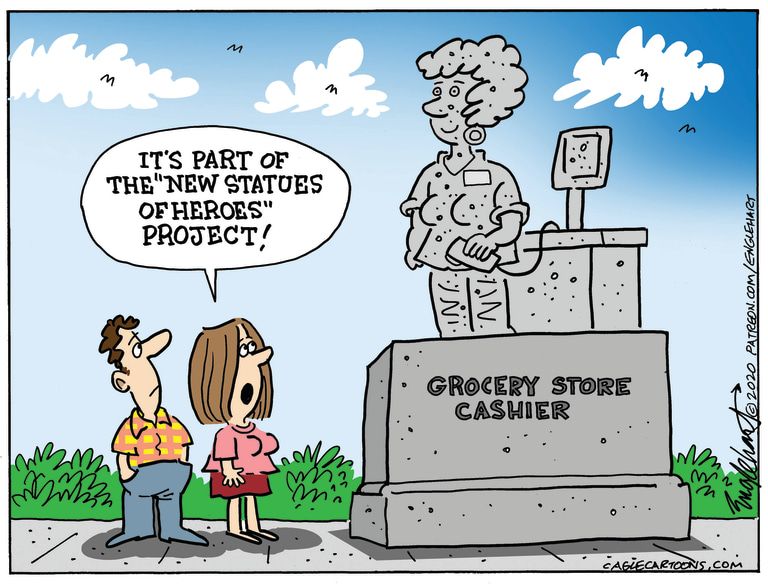 Editorial Cartoon U.S. statue essential workers coronavirus