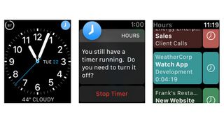 Skjermbilder fra appen Hours på en Apple Watch.