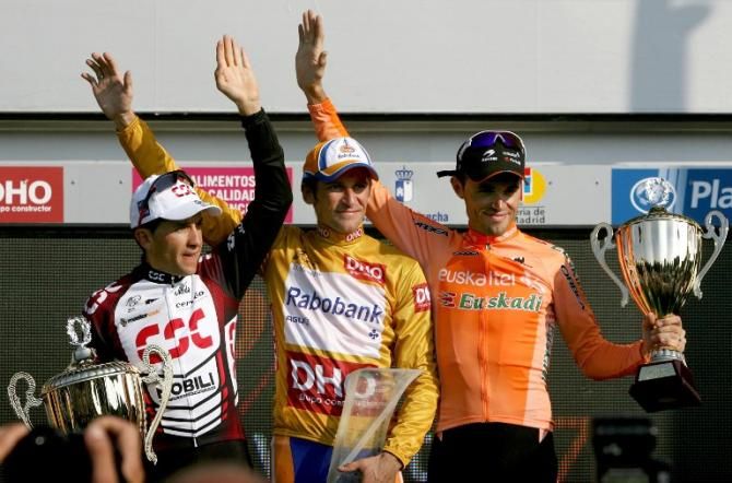 Denis Menchov won the 2007 Vuelta a Espana and is joined on the final podium by runner-up Carlos Sastre, left, and third-placed Samuel Sanchez, right