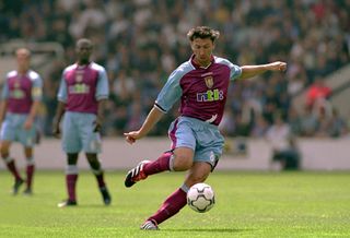 Luc Nilis on the ball for Aston Villa against Marila Pribram in the Intertoto Cup in July 2000.