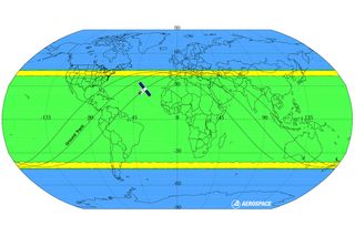 The yellow bands are the riskiest places to be, but even there the odds of getting hit by space station debris are extremely low.