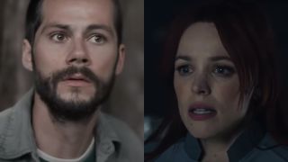 Dylan O'Brien looking scared in Caddo Lake and Rachel McAdams looking concerned in Doctor Strange in the Multiverse of Madness