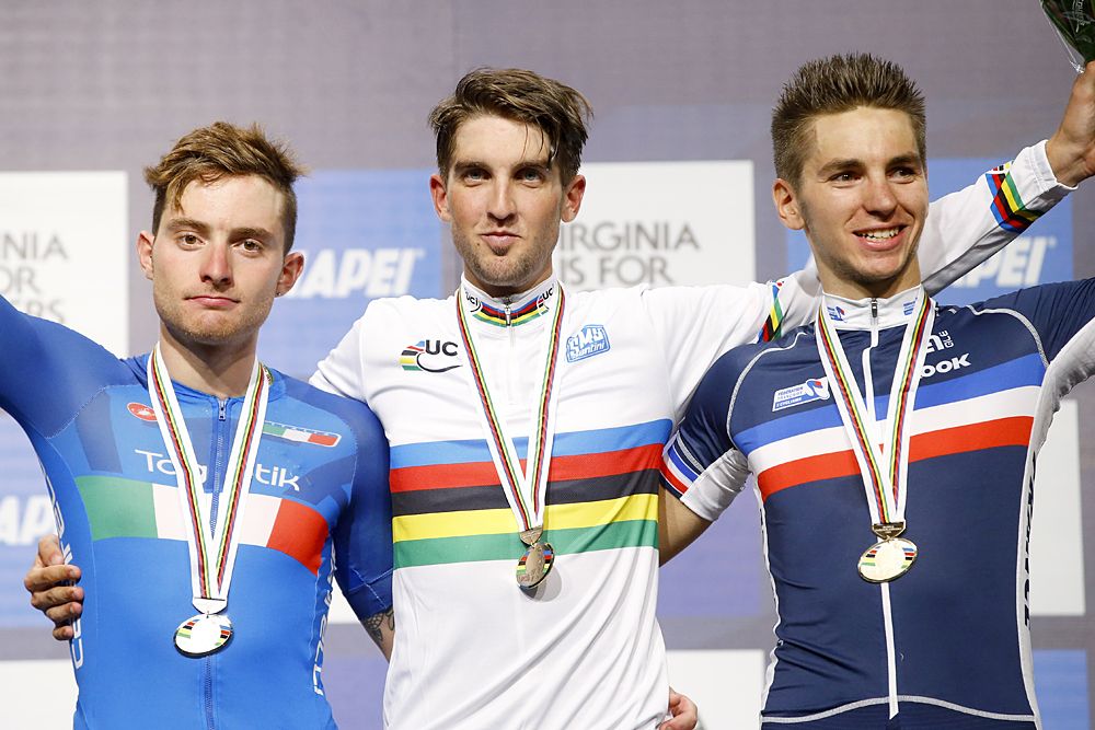 The 2015 U23 Worlds podium: Simone Consonni (Italy), Kevin Ledanois and Anthony Turgis (France)