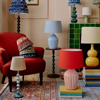 John Lewis striped and bobbin table lamp displayed in living room
