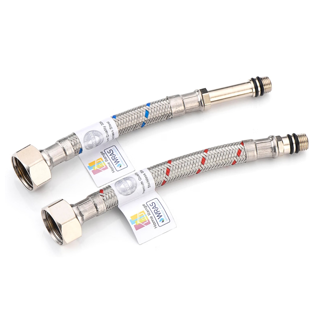 Two braided stainless steel flexible tap connector hoses with hex nut fittings, labelled hot and cold.