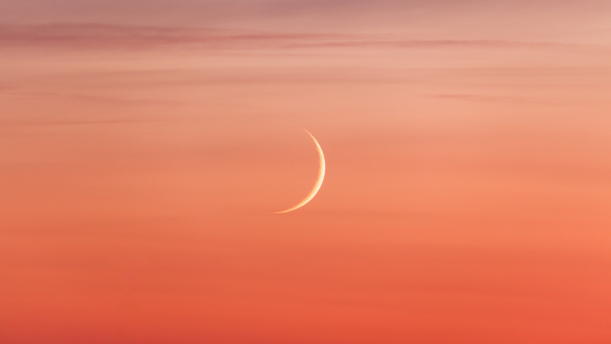a thin crescent moon shines in a delicate pink and peach sky.