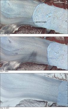 These images from the Advanced Spaceborne Thermal Emission and Reflection Radiometer (ASTER) on NASA&rsquo;s Terra satellite show the retreat of Helheim glacier in June 2005 (top), July 2003 (middle), and May 2001 (bottom).