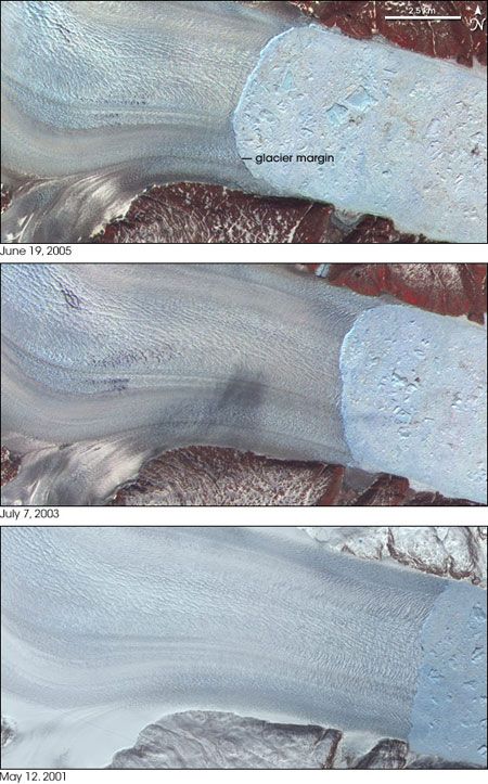 These images from the Advanced Spaceborne Thermal Emission and Reflection Radiometer (ASTER) on NASA’s Terra satellite show the retreat of Helheim glacier in June 2005 (top), July 2003 (middle), and May 2001 (bottom).