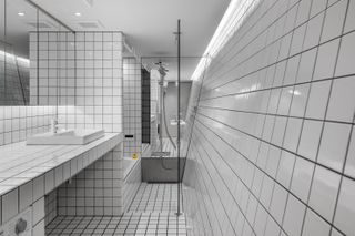 grid tile bathroom at terada house in Tokyo
