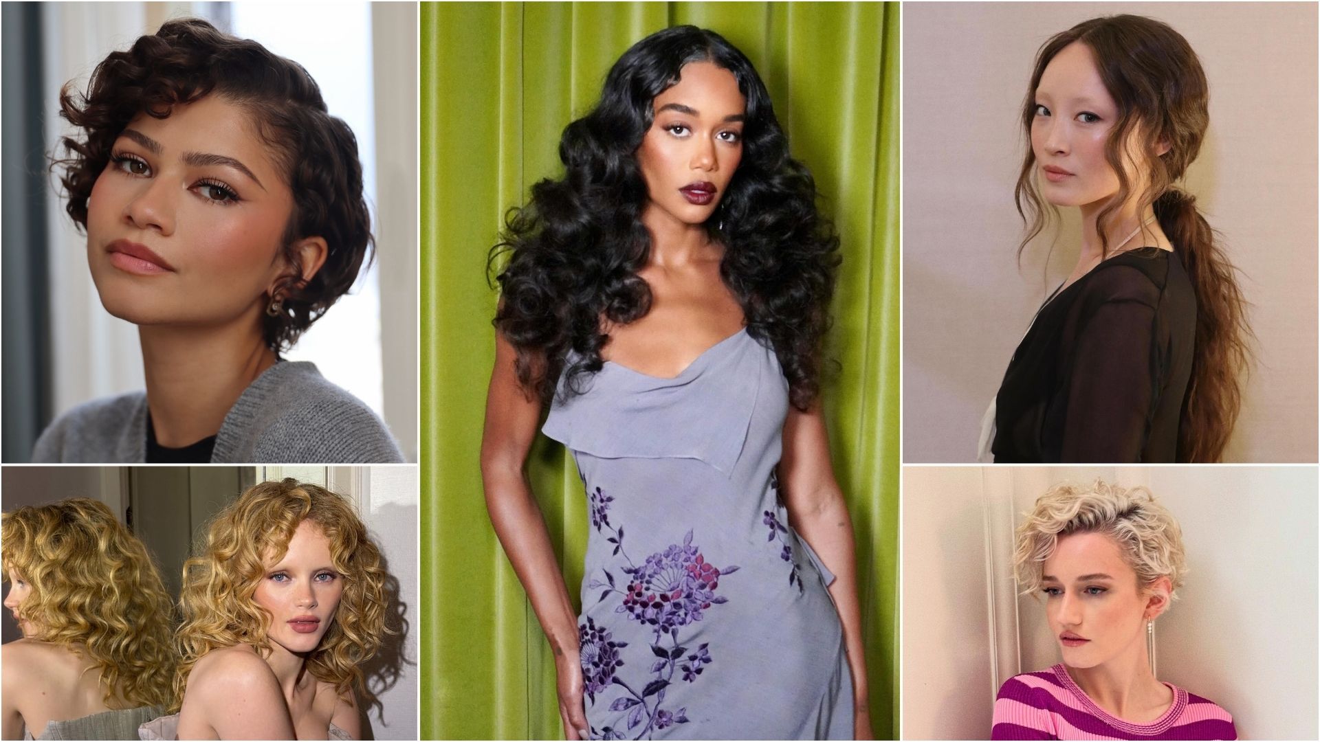 A collage of celebrities with curly hairstyles