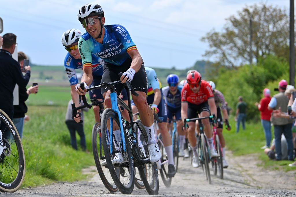 PONTMARCQ FRANCE MAY 17 Dries De Bondt of Belgium and Decathlon AG2R La Mondiale Team competes passing through a cobblestones sector during the 68th 4 Jours de Dunkerque Grand Prix des Hauts de France 2024 Stage 4 a 1668km stage from Mazingarbe to PontMarcq on May 17 2024 in PontMarcq France Photo by Luc ClaessenGetty Images