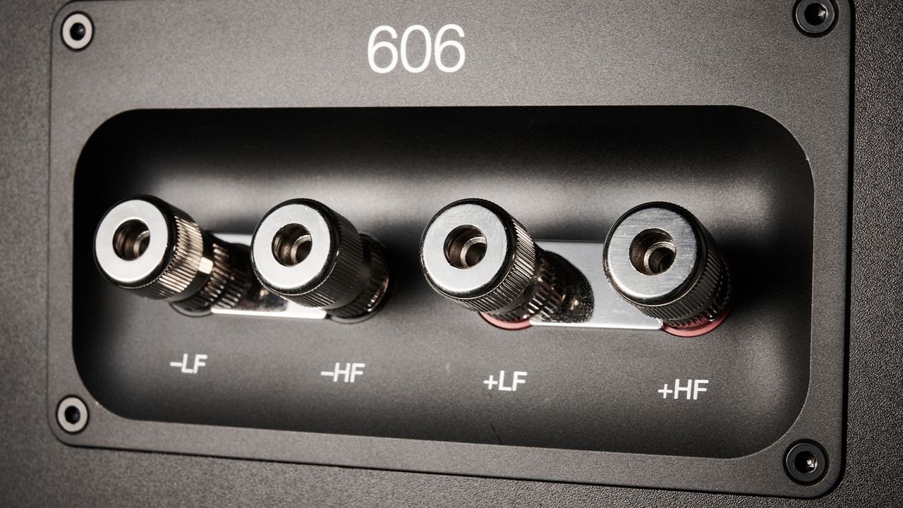 A picture showing the connections on the back of the Bowers &amp; Wilkins 606 &amp; 607 S3 surround speaker package.