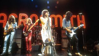 Brad Whitford, Tom Hamilton, Joey Kramer (drums), Steven Tyler and Joe Perry of Aerosmith on "Midnight Special" in Burbank, CA - June 1974. (Photo by Jeffrey Mayer/WireImage)